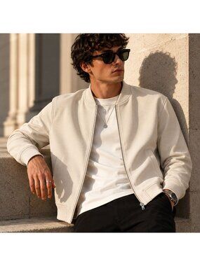 Zara Mens Bomber Jacket Size L Minimalist Neutral Full Zip Preppy Casual